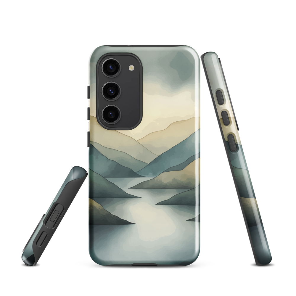 Phone case with soft mountain and valley design in misty green, blue, and golden tones