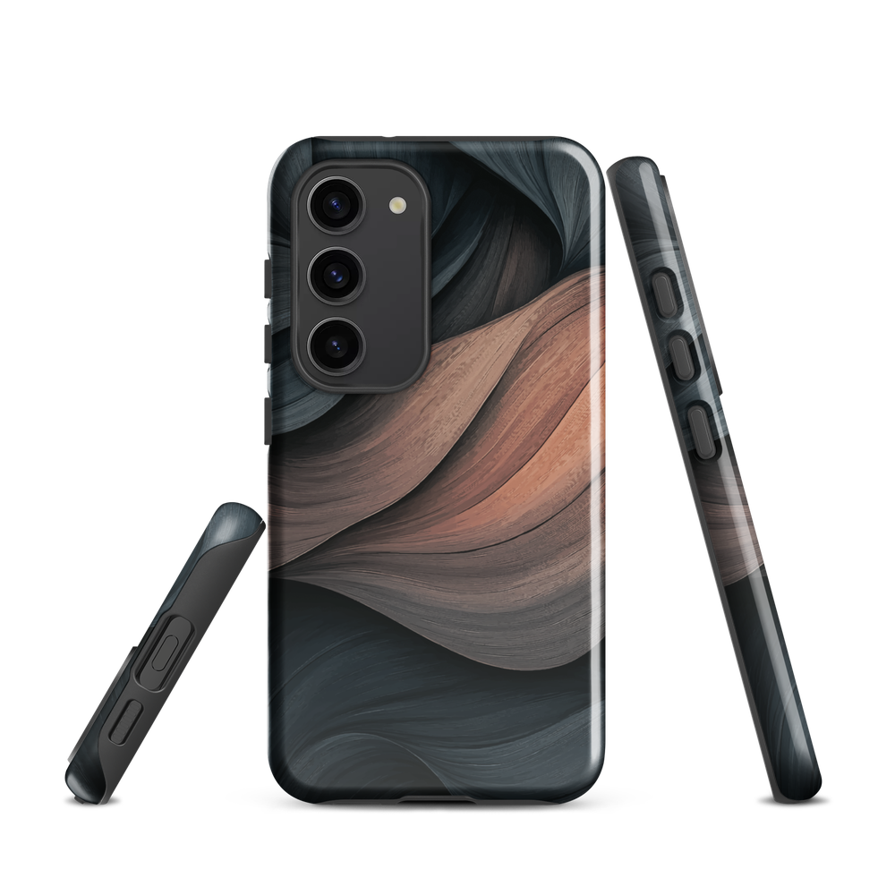 Phone case with flowing abstract design in black, copper and charcoal tones, inspired by dusk shadows