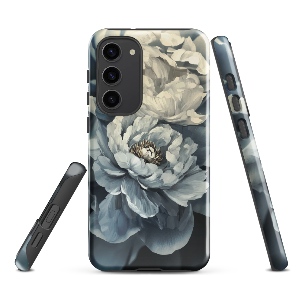 'Whisper' Samsung case features a stunning close-up of softly painted peony blooms in dreamy shades of ivory, grey, and smoky blue.