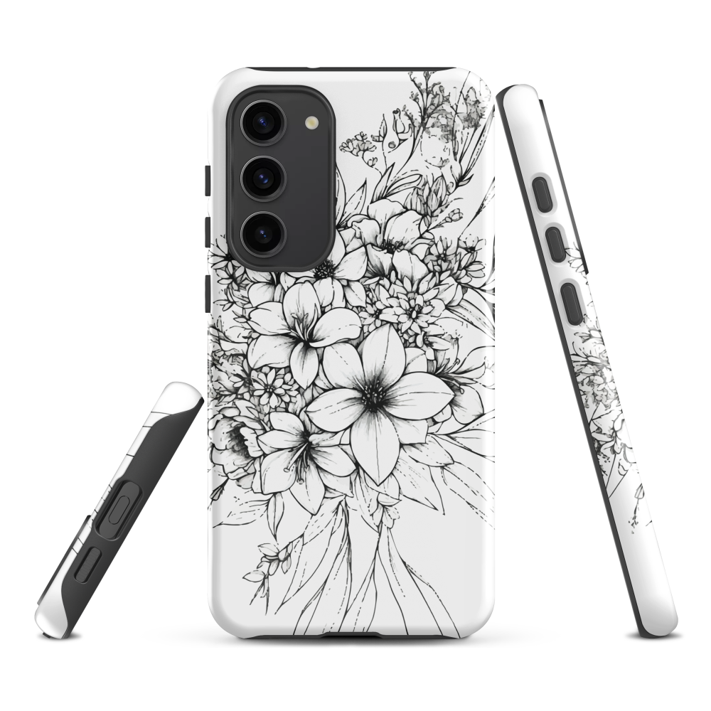 Black and white floral phone case with hand-drawn lilies and wildflowers