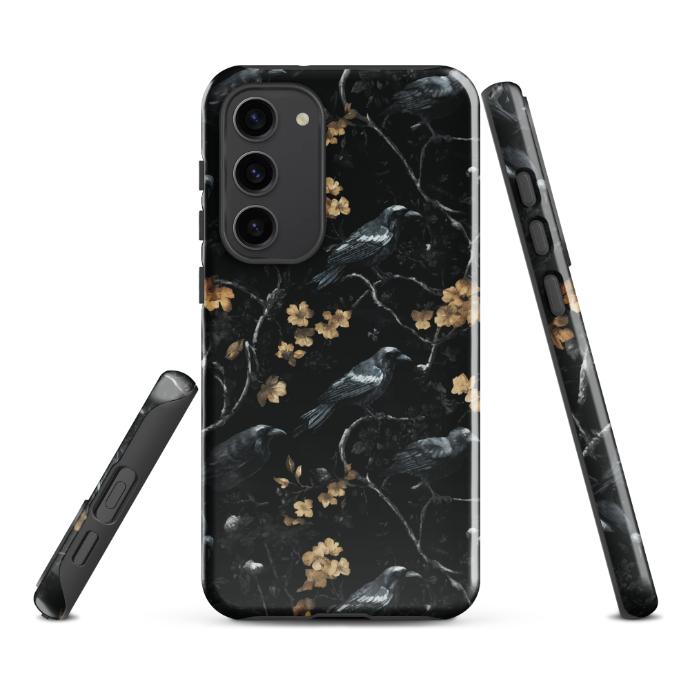 Dark phone case with blackbirds and gold blossoms on black branches.