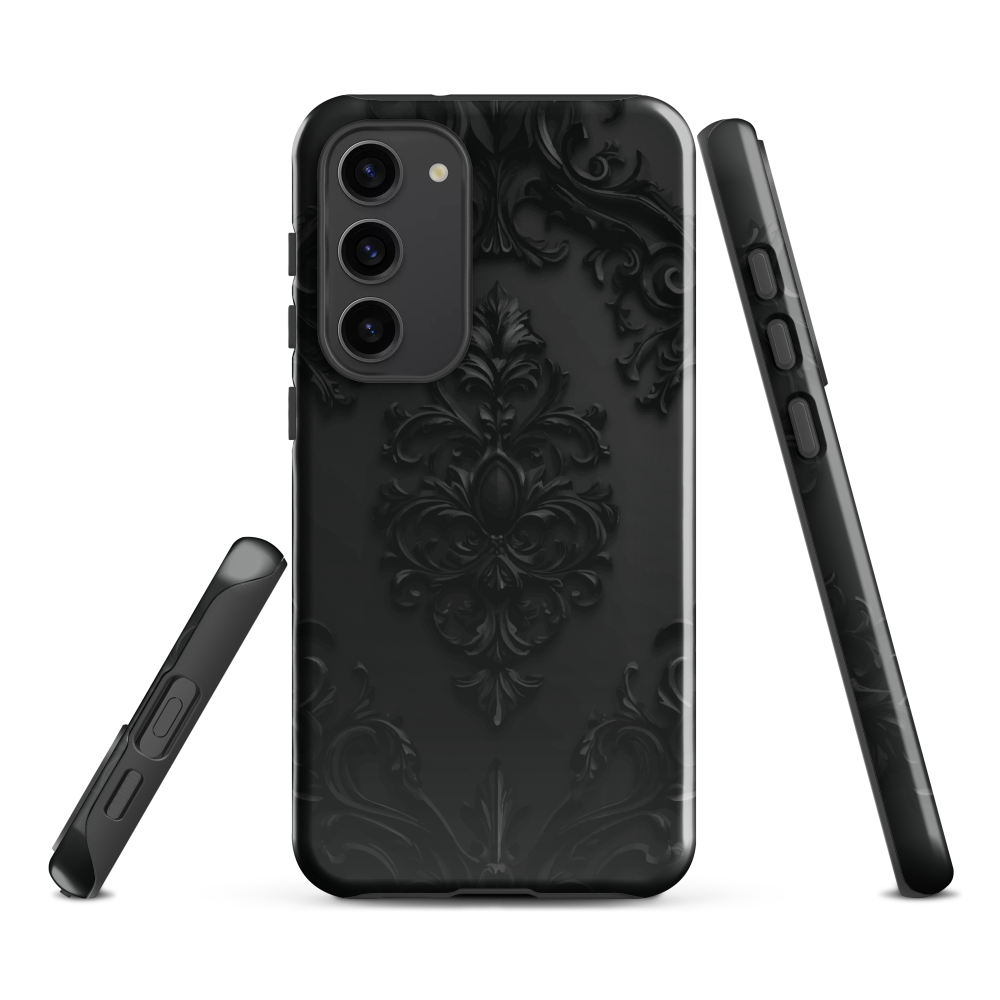 Black embossed damask phone case with gothic baroque pattern.