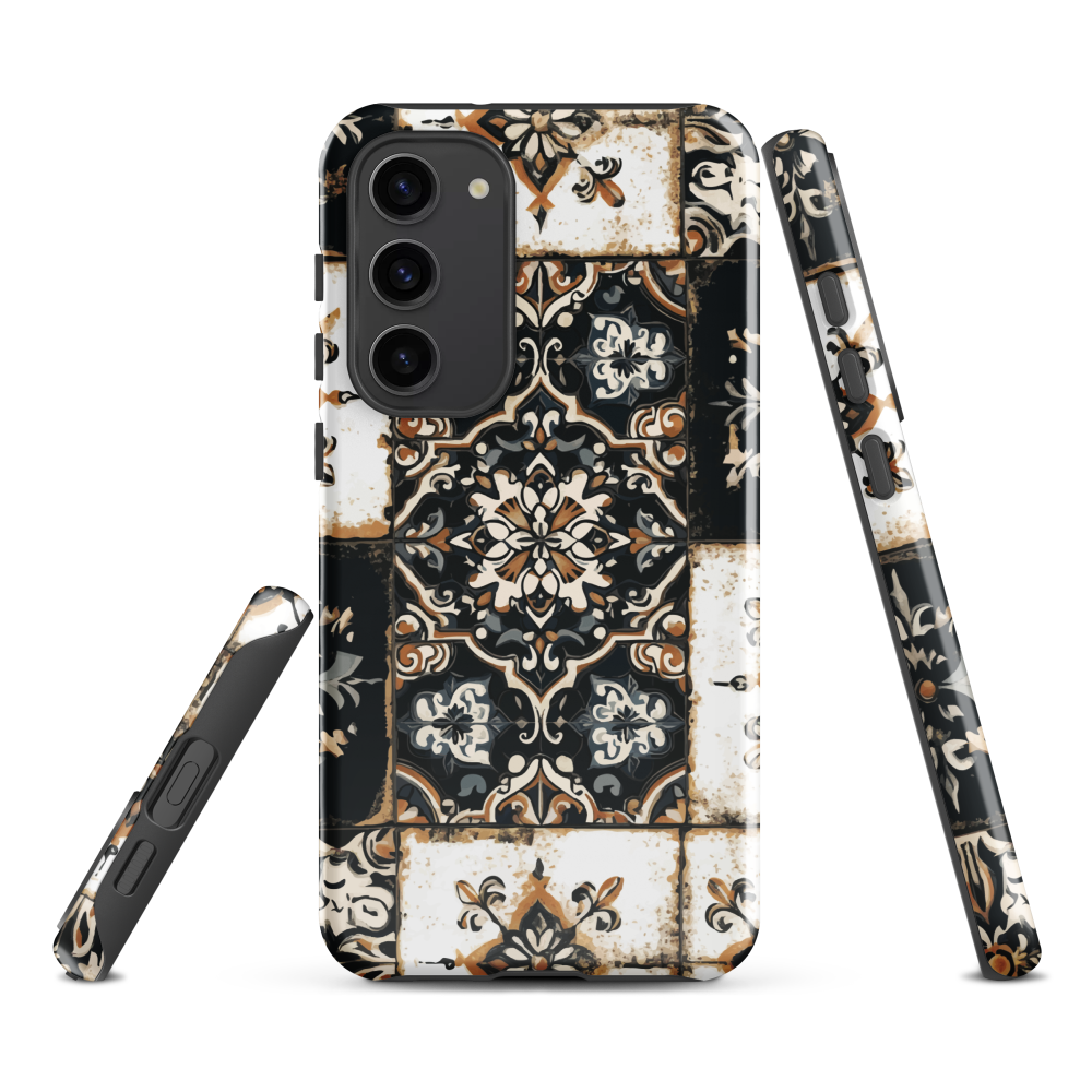Moroccan tile pattern phone case in black, white, and gold tones with vintage-inspired design.
