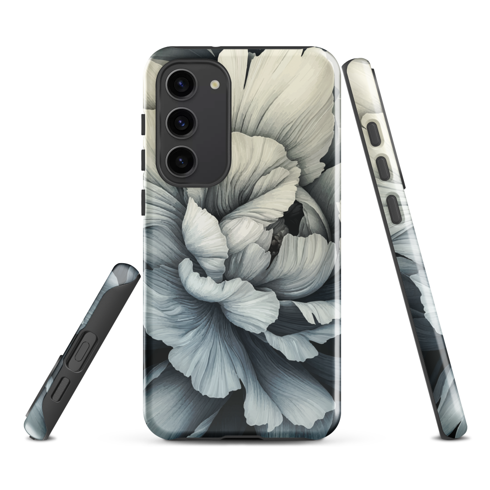 Black and white floral phone case featuring a soft, moody peony design by New Zealand artist Ben Hart.