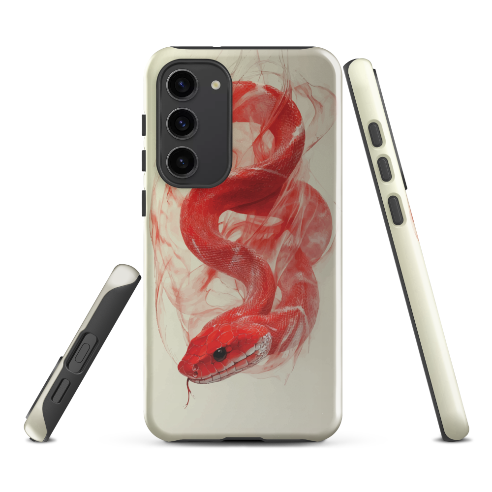 Phone case with red snake design on a cream background, coiled in smoky detail. Bold artwork by NZ designer Ben Hart.