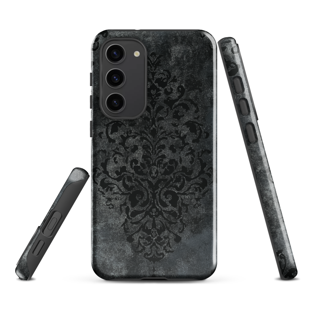 Dark damask patterned phone case with a vintage gothic aesthetic and textured stone background.