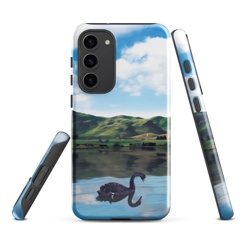 Phone case with a black swan on a calm lake, New Zealand hills in the background. Art by NZ designer Ben Hart.