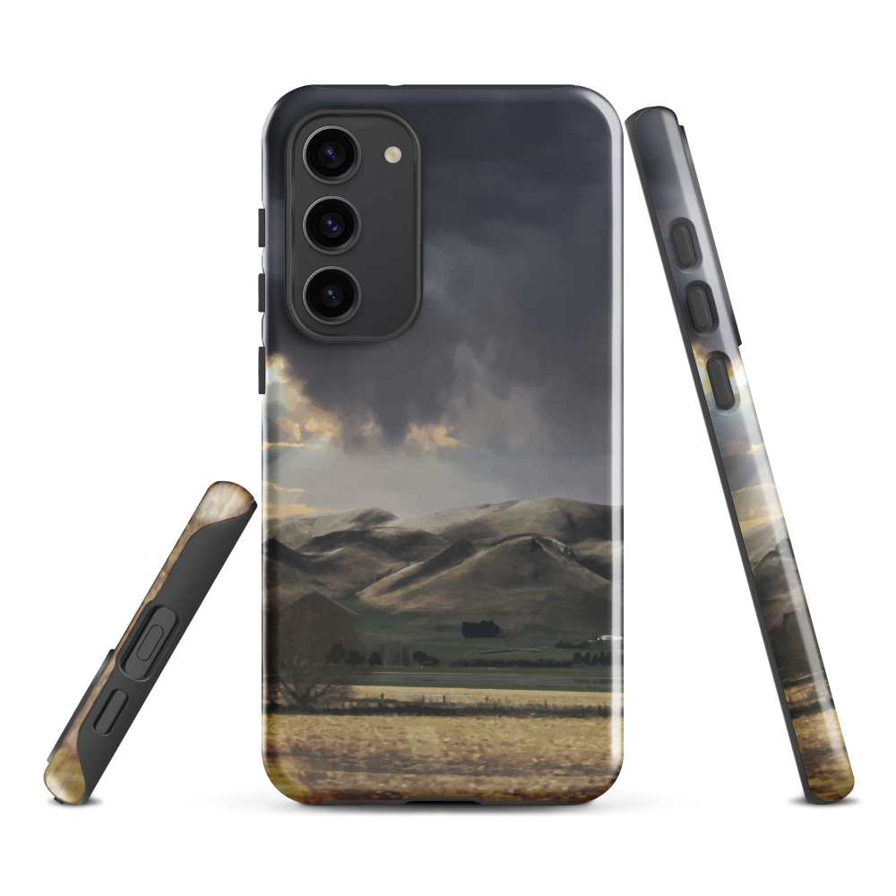 Designer phone case with NZ landscape painting of Te Hauke and cloudy skies by Ben Hart.