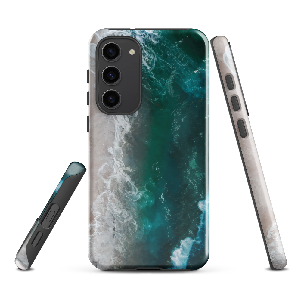 Ocean wave phone case with abstract beach design in teal and white, by NZ artist Ben Hart.