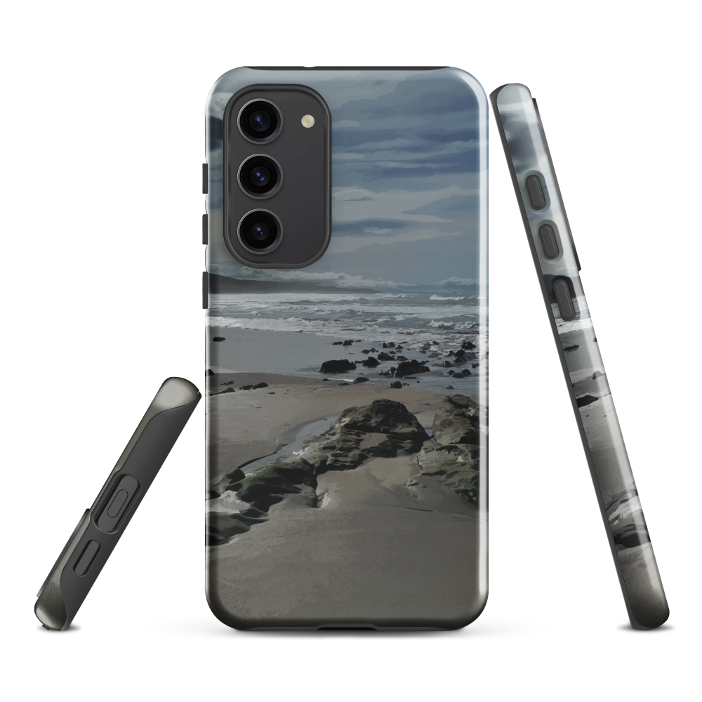 Phone case with artwork of Riversdale Beach, Masterton – rocks, waves and sky by NZ artist Ben Hart.
