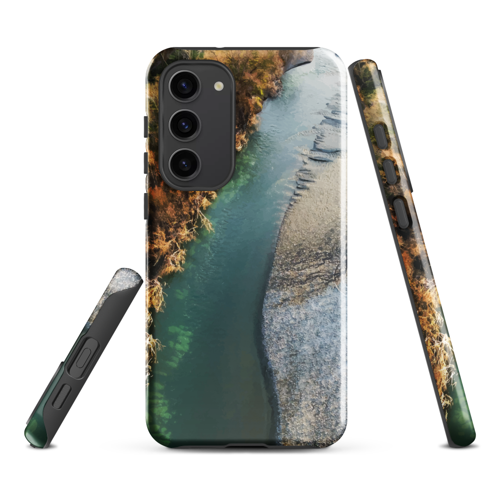 Phone case with aerial riverbend artwork and earthy tones, designed by New Zealand artist Ben Hart.