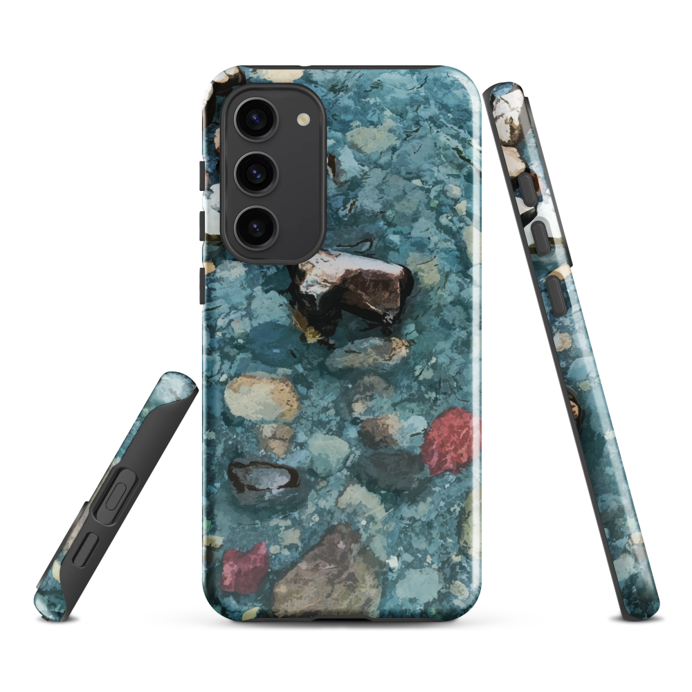 Washed Away designer phone case with abstract river stone artwork in earthy blues and natural tones.
