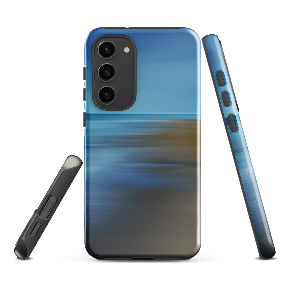 Ocean Breeze phone case with abstract blue and sandy tones inspired by sea and sky.