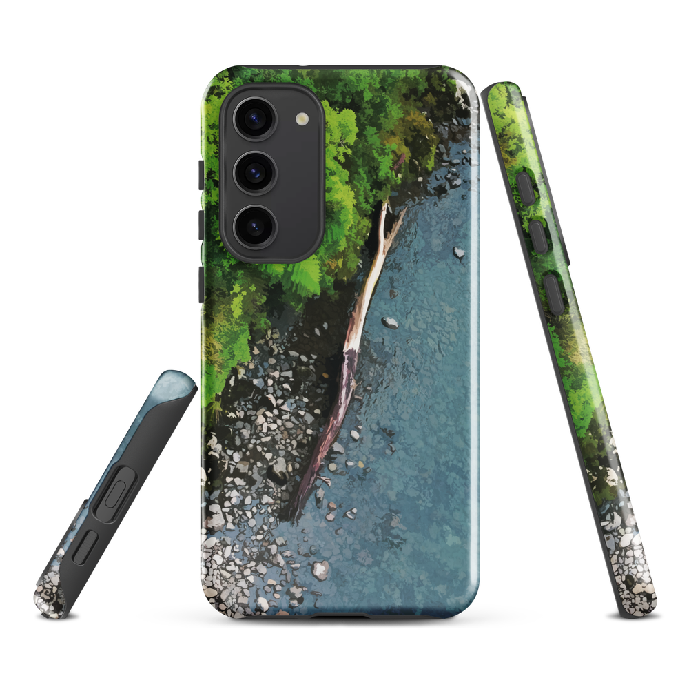 Resting Place phone case with aerial artwork of river rocks, green bush, and driftwood in a New Zealand stream.