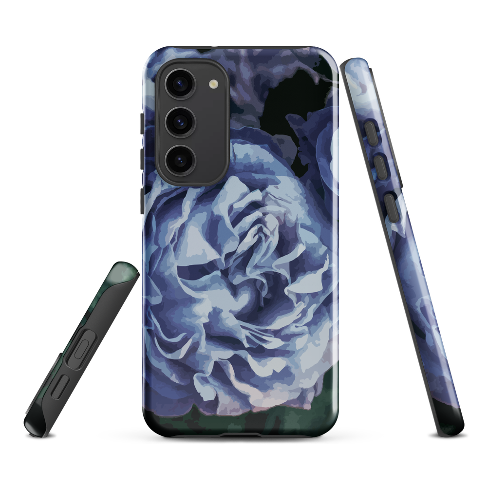 Designer phone case with a bold blue rose artwork and glossy finish.