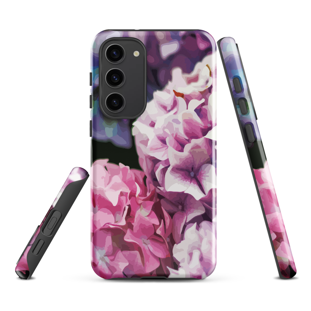 Designer phone case with pink and purple hydrangea floral artwork.