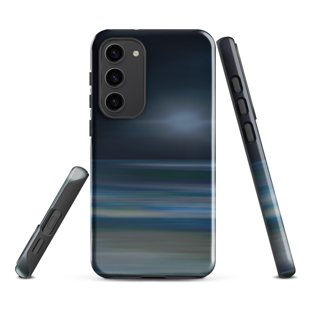 Dark abstract phone case with blue and grey streaks and glossy finish.