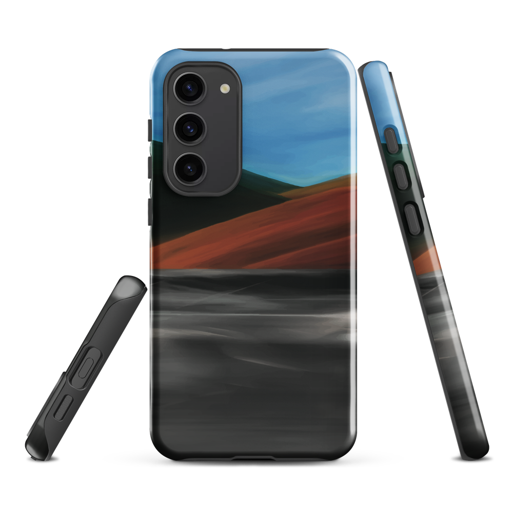 Phone case with abstract red, green, and blue heat wave landscape design.