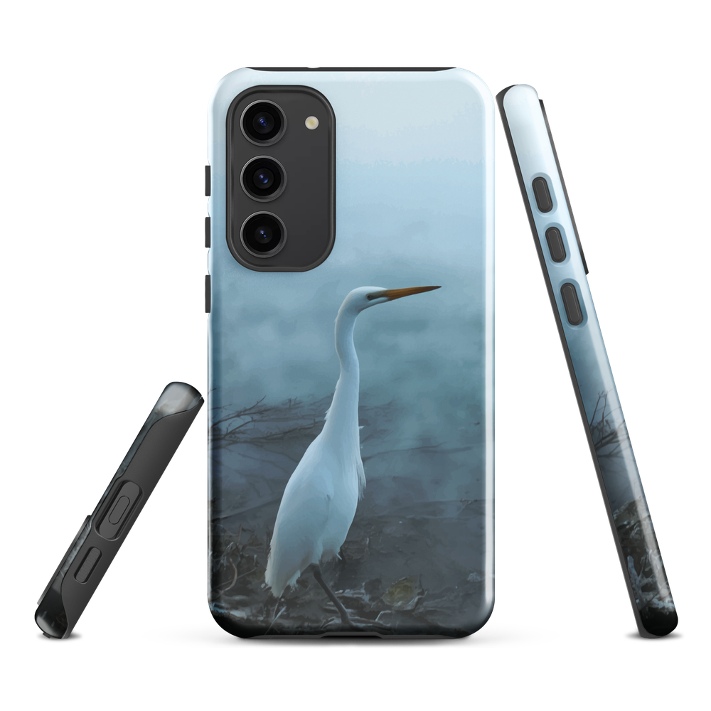 Phone case with a white heron standing in a misty wetland scene.