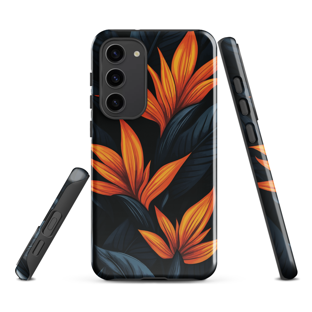 Phone case with bold orange bird of paradise flowers on dark background.
