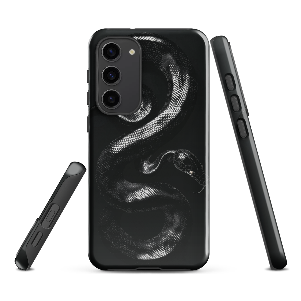Phone case with detailed black python design on dark background.