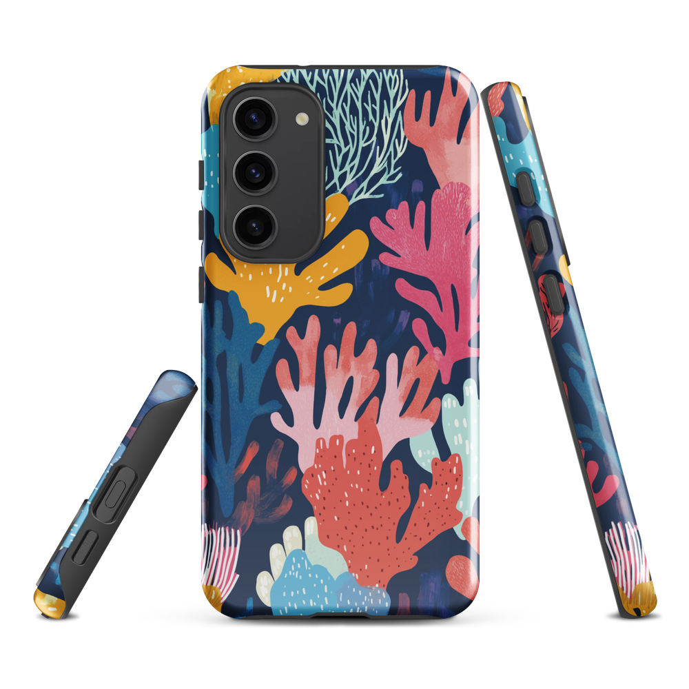Colourful coral reef phone case design in pink, blue and yellow by NZ artist Ben Hart