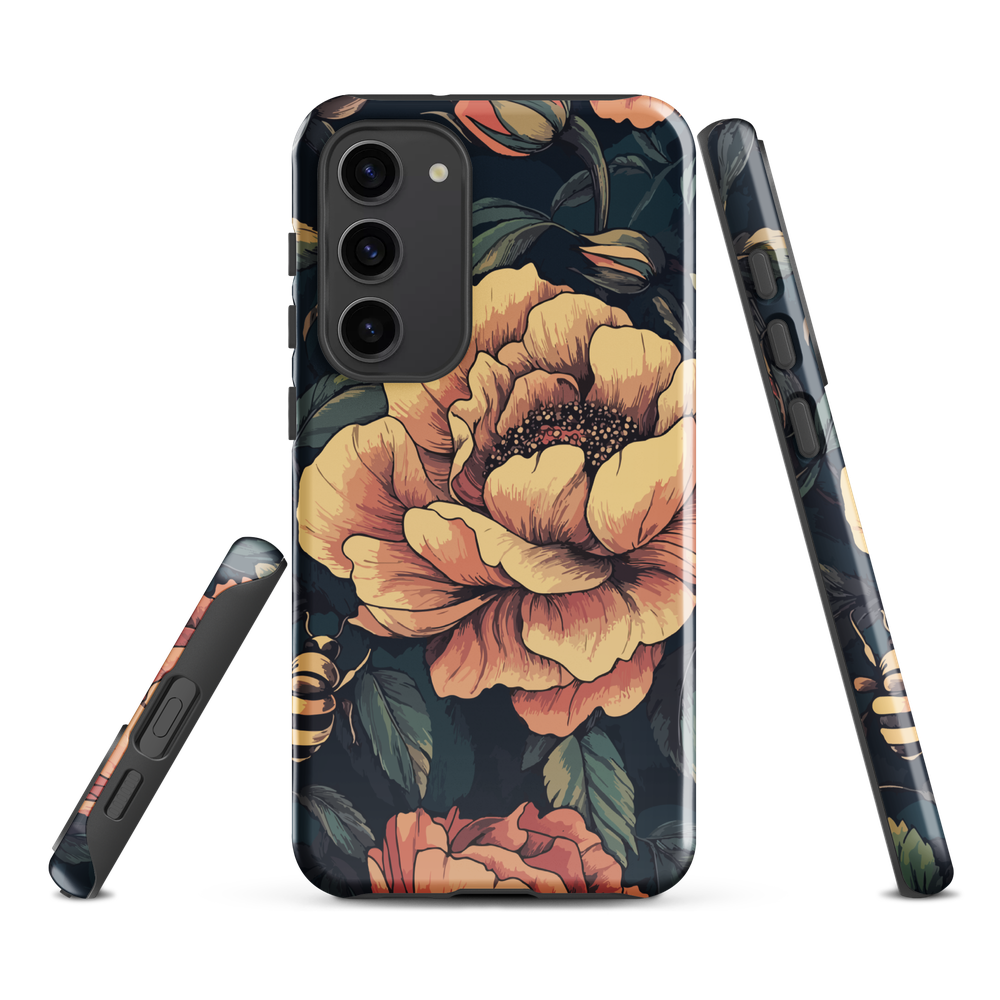 Phone case with vintage-style pink roses and bees on dark background, floral New Zealand artwork.