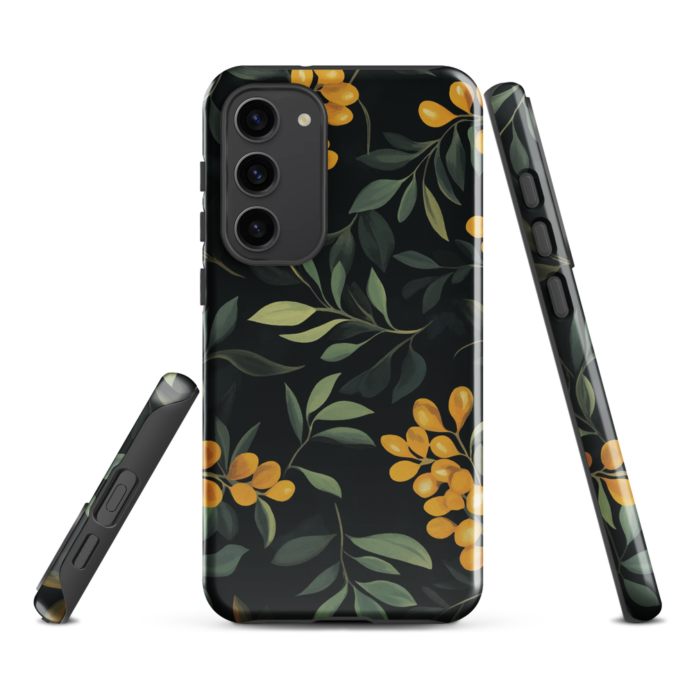 NZ Kowhai phone case with native yellow floral and green leaves on black background by designer Ben Hart.