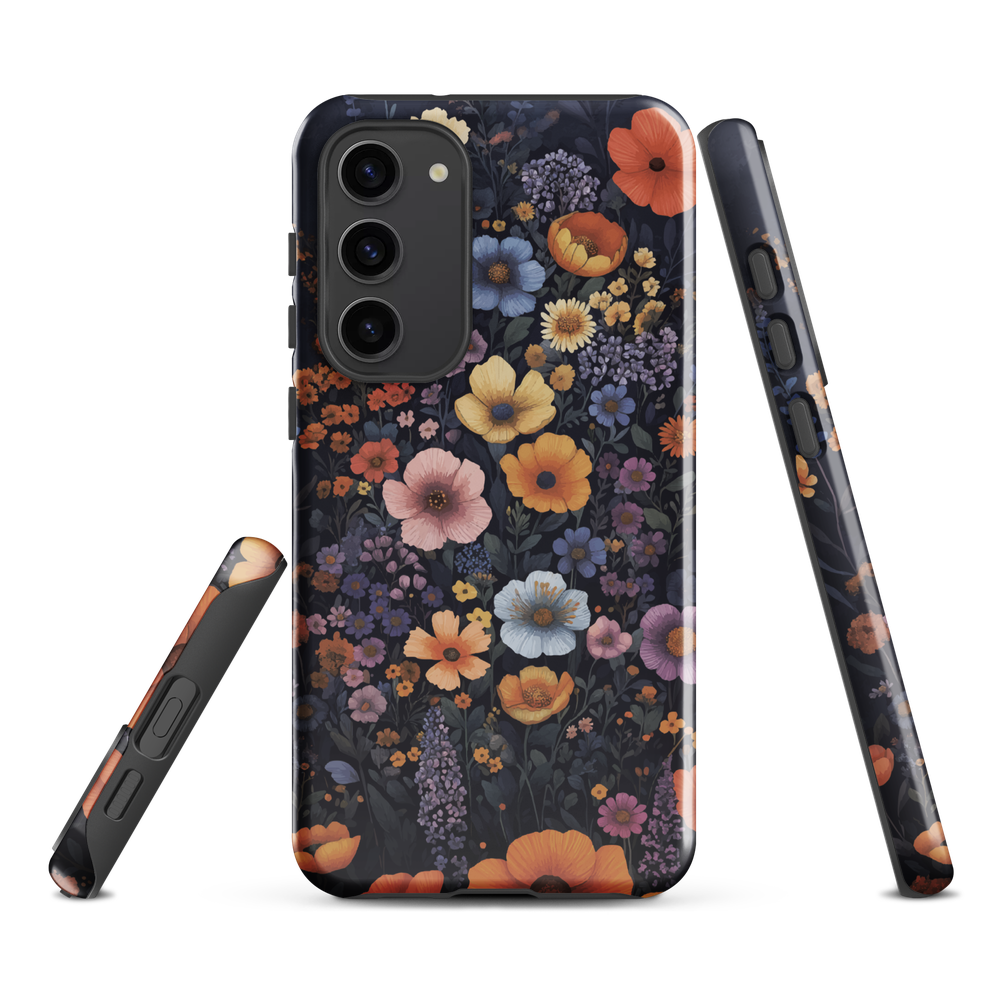 Phone case with colourful wildflowers on dark background, floral art design