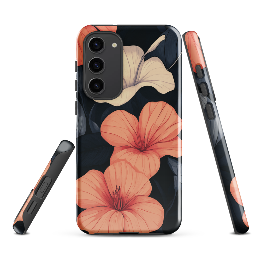 Phone case with coral hibiscus flowers and ivory blooms on dark background