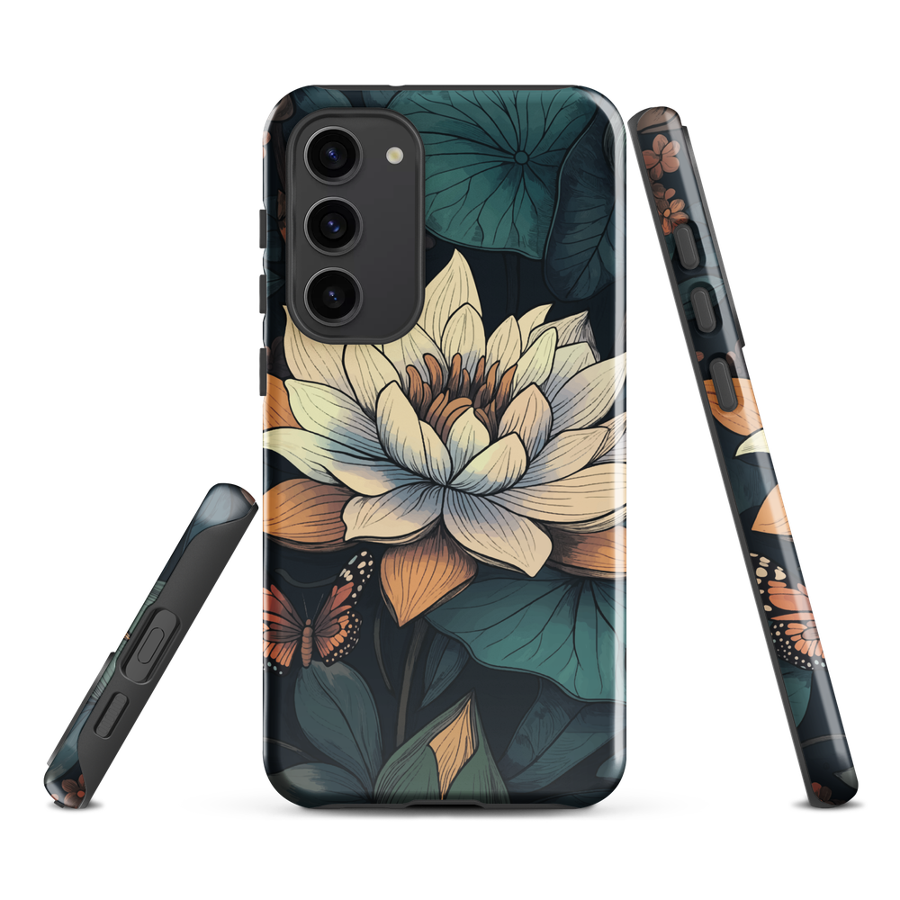 Phone case with ivory water lily, green leaves, and butterfly accents on dark background