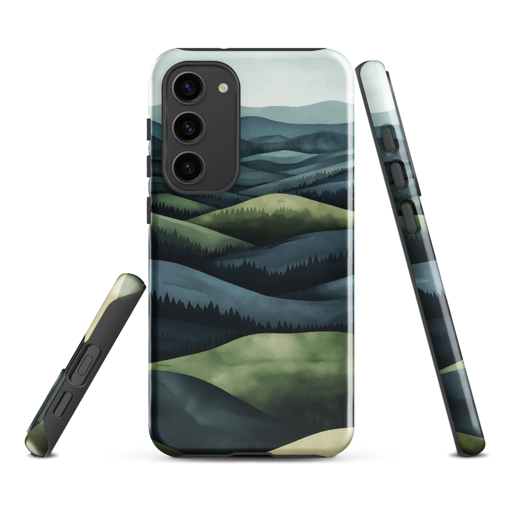 Phone case with layered mountain and forest landscape in blue and green hues
