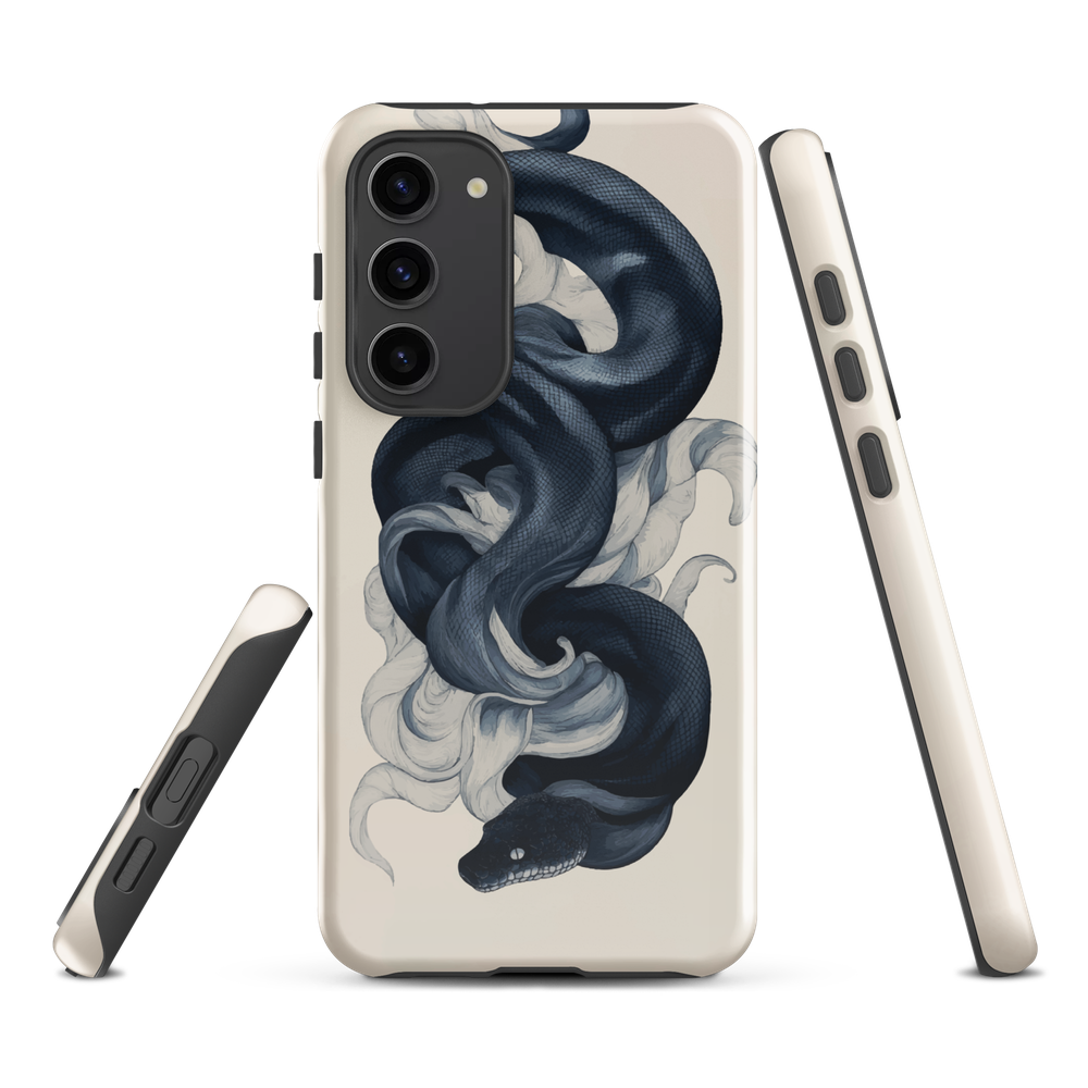 Phone case with black python and smoke design on cream background, serpent art by NZ artist Ben Hart.