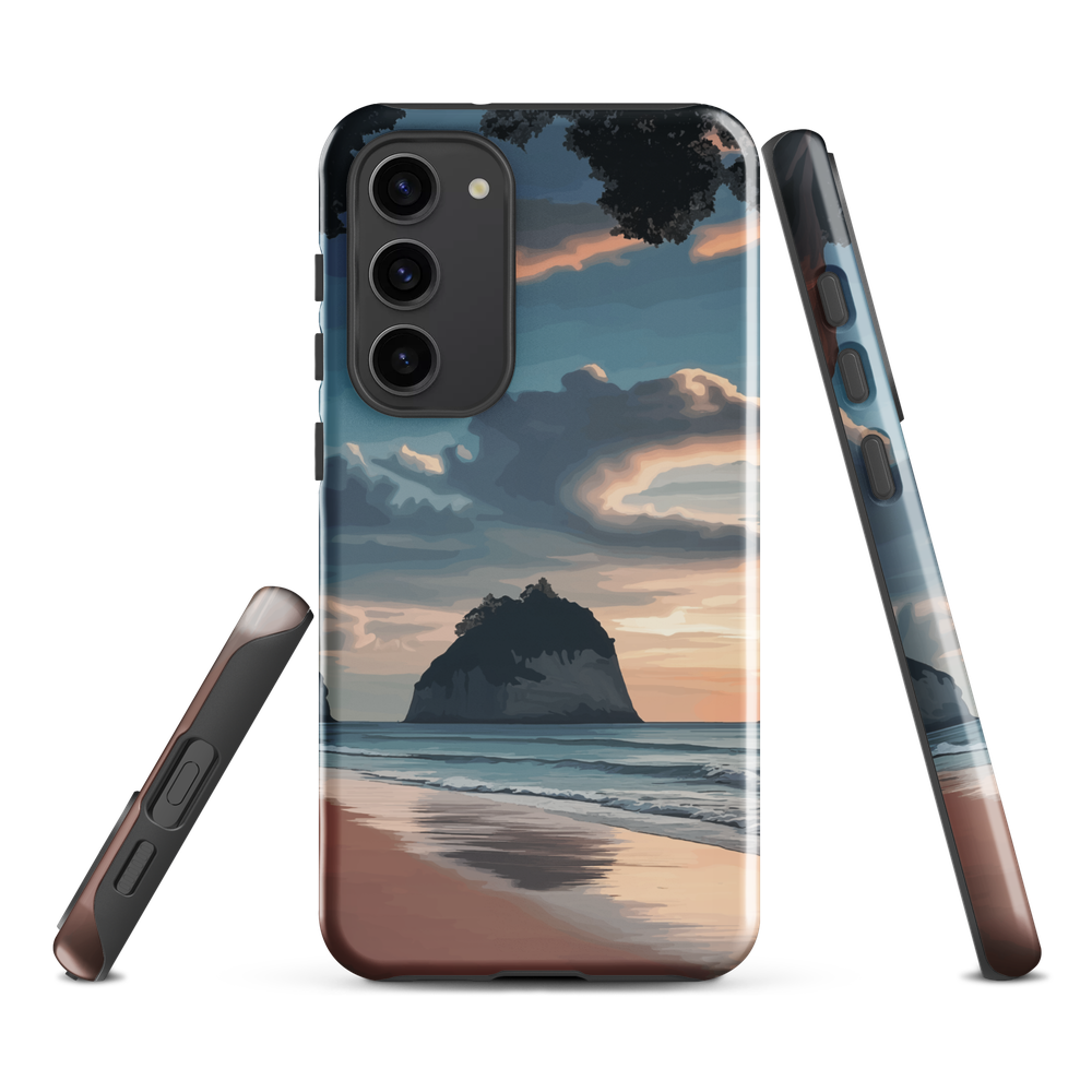 Phone case with Cathedral Cove beach and sunset scene, featuring soft skies and sea stack, by NZ artist Ben Hart.