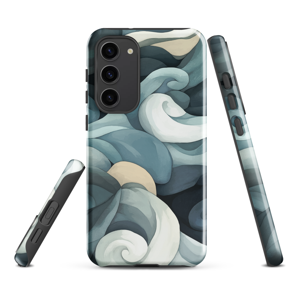 Phone case with abstract swirling ocean waves in blue and cream