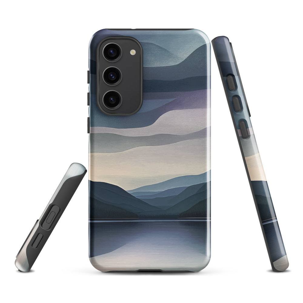 Phone case with moody blue and purple layered mountain and lake landscape artwork