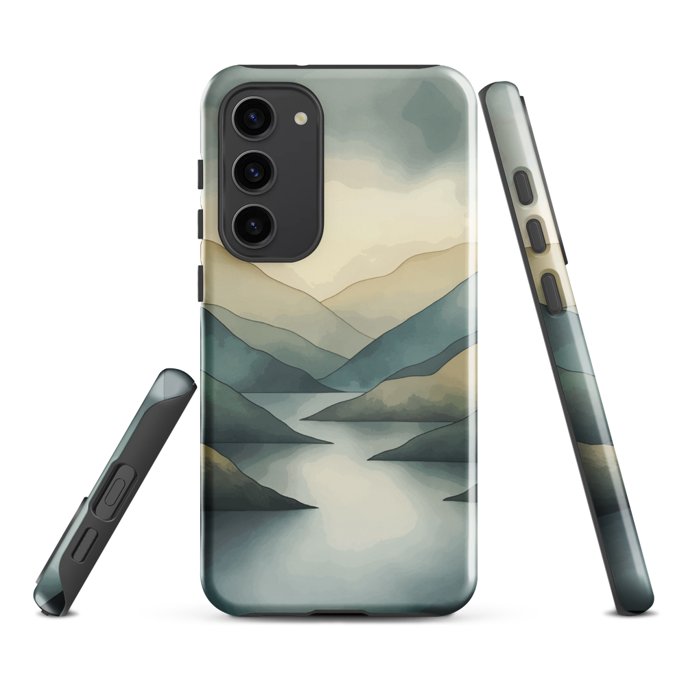 Phone case with soft mountain and valley design in misty green, blue, and golden tones
