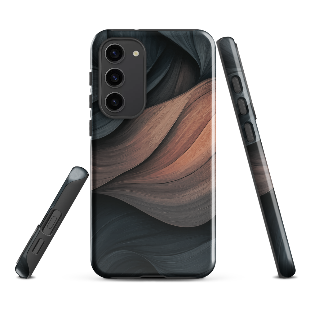 Phone case with flowing abstract design in black, copper and charcoal tones, inspired by dusk shadows
