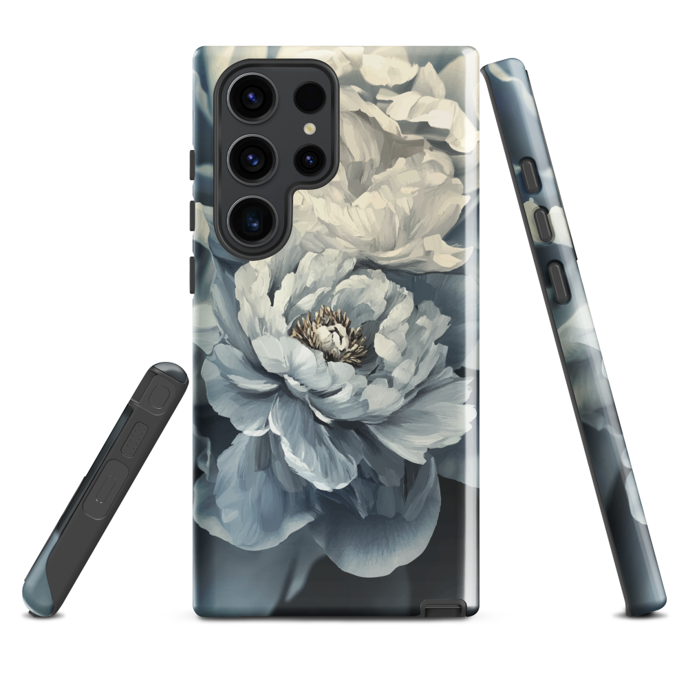 'Whisper' Samsung case features a stunning close-up of softly painted peony blooms in dreamy shades of ivory, grey, and smoky blue.