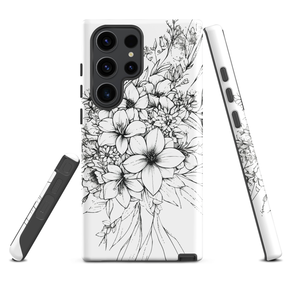Black and white floral phone case with hand-drawn lilies and wildflowers
