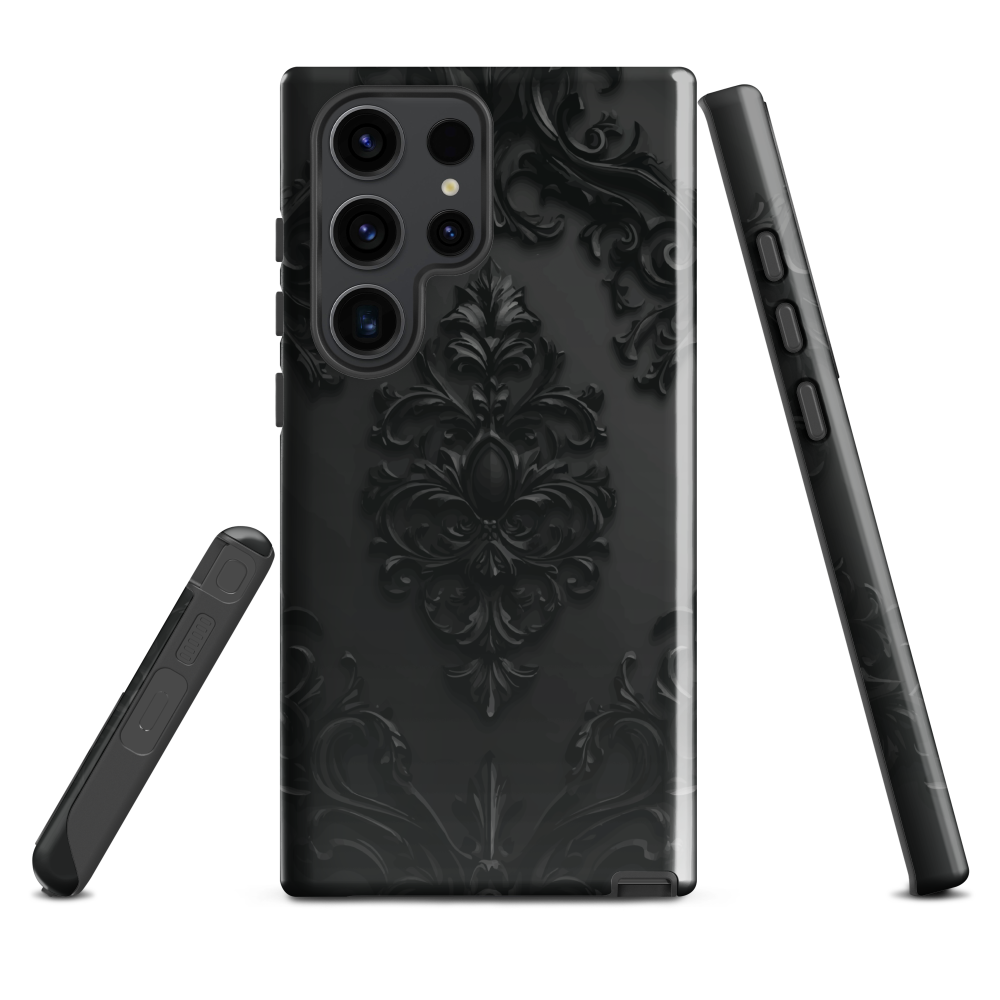 Black embossed damask phone case with gothic baroque pattern.