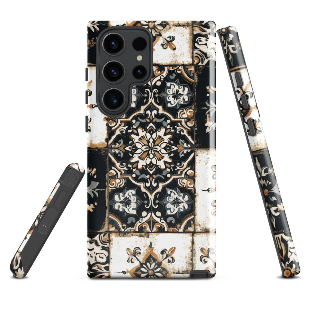 Moroccan tile pattern phone case in black, white, and gold tones with vintage-inspired design.