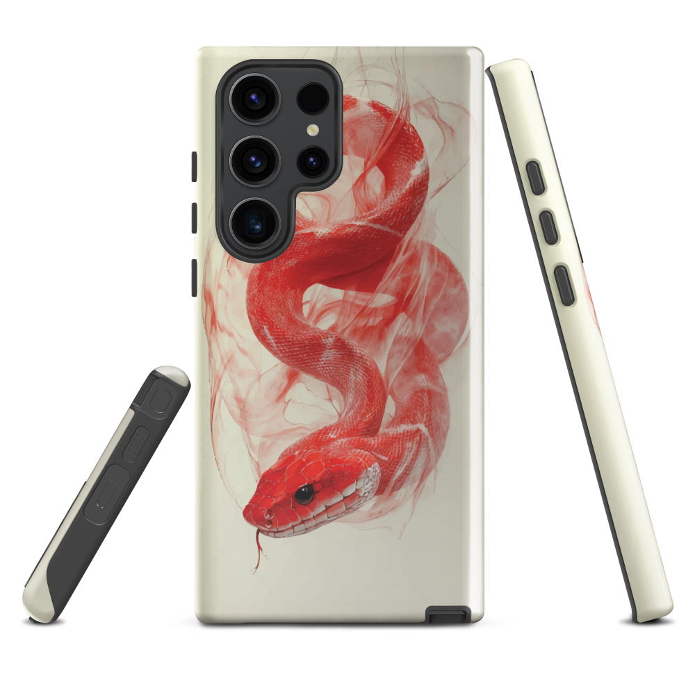 Phone case with red snake design on a cream background, coiled in smoky detail. Bold artwork by NZ designer Ben Hart.