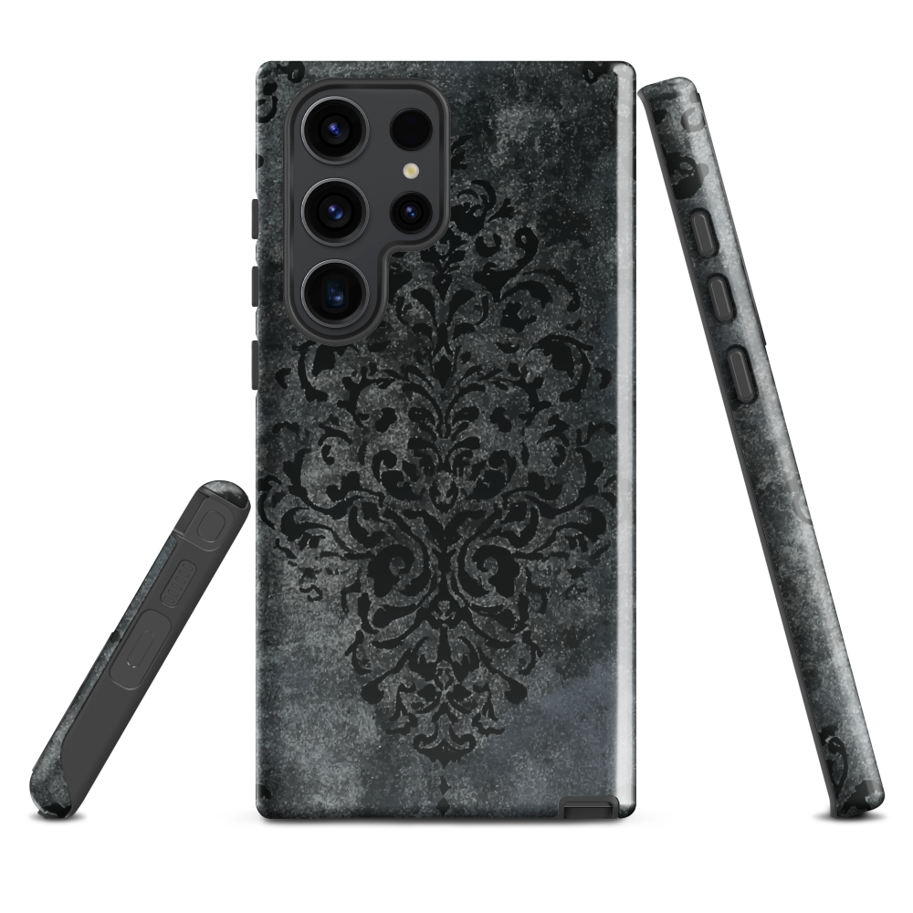 Dark damask patterned phone case with a vintage gothic aesthetic and textured stone background.