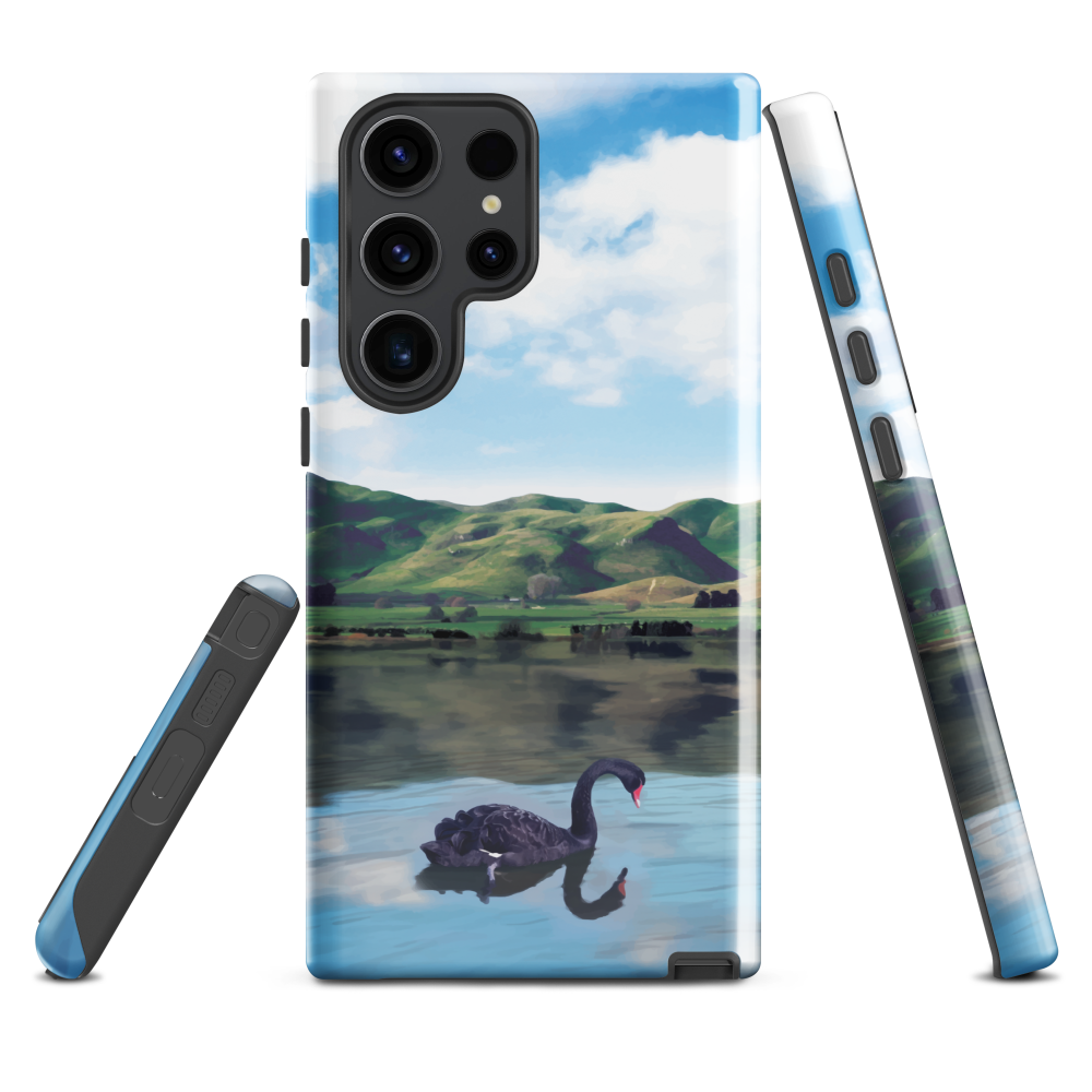 Phone case with a black swan on a calm lake, New Zealand hills in the background. Art by NZ designer Ben Hart.