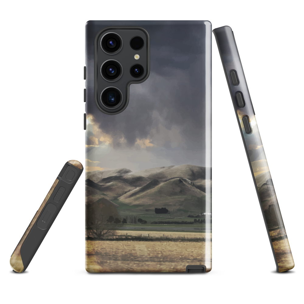 Designer phone case with NZ landscape painting of Te Hauke and cloudy skies by Ben Hart.