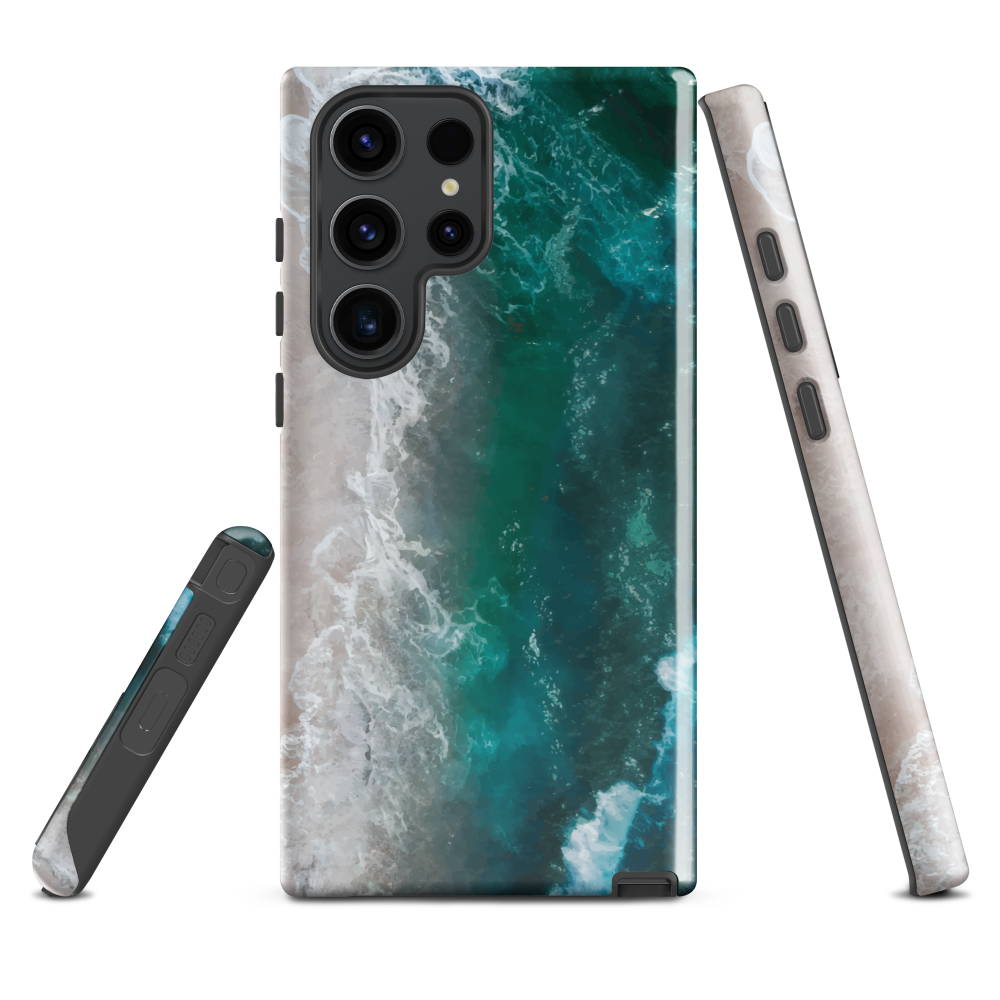 Ocean wave phone case with abstract beach design in teal and white, by NZ artist Ben Hart.