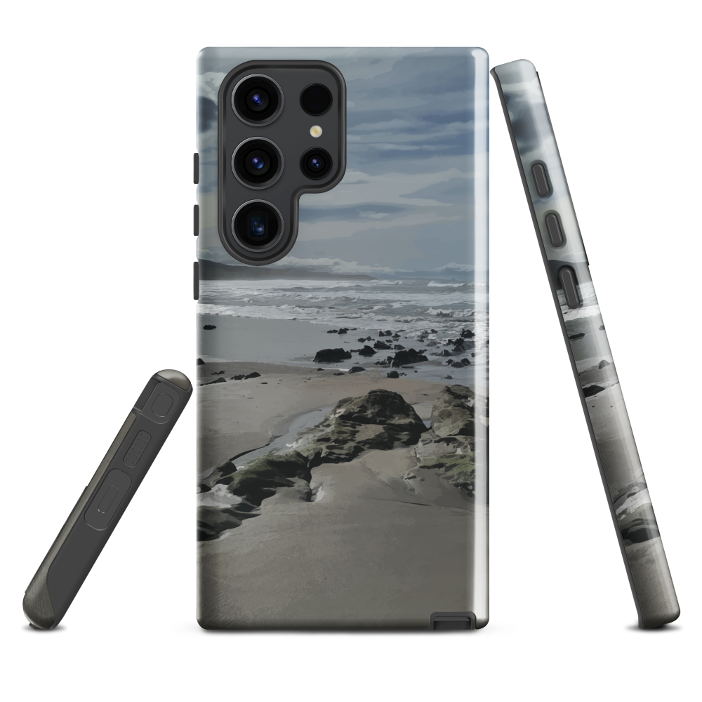 Phone case with artwork of Riversdale Beach, Masterton – rocks, waves and sky by NZ artist Ben Hart.