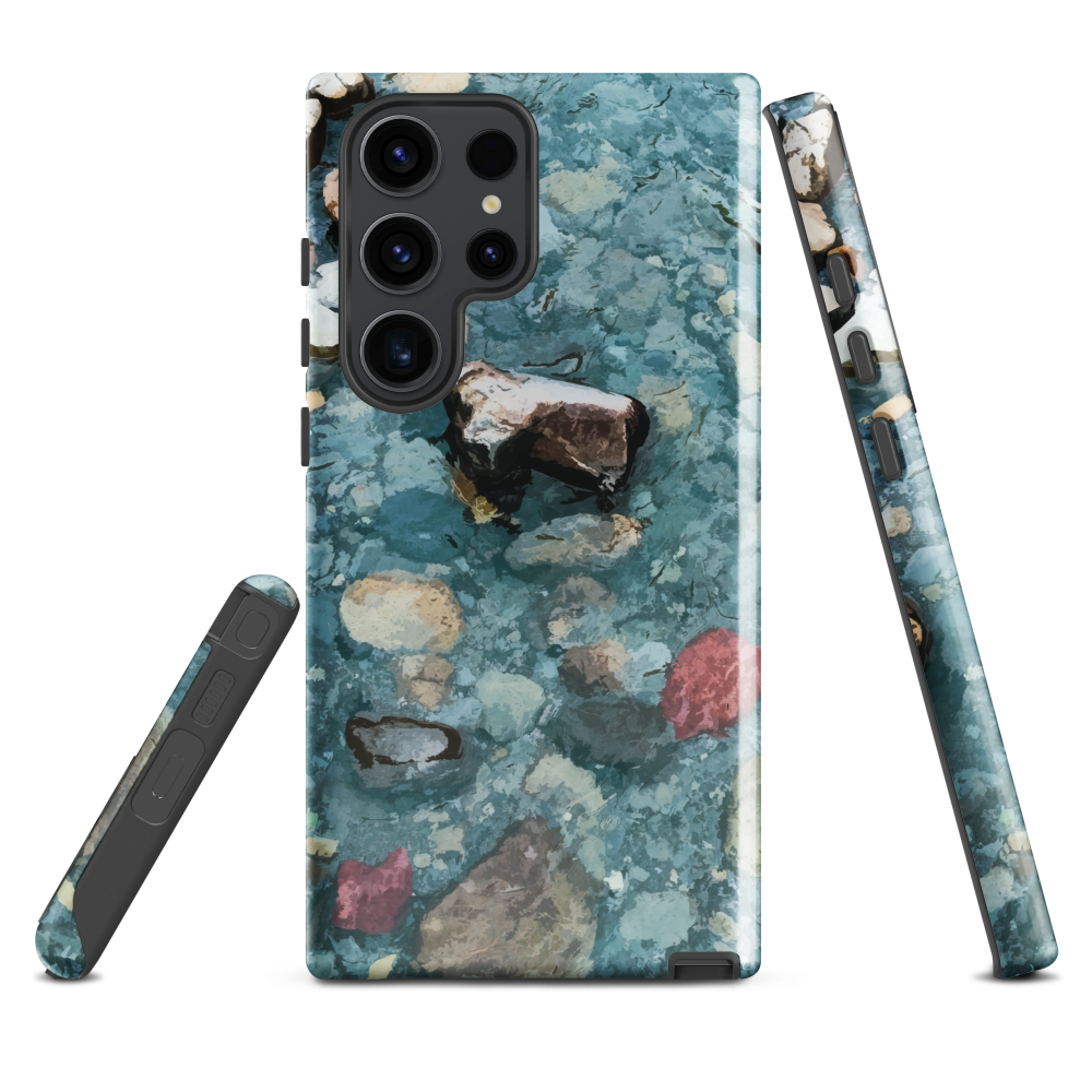 Washed Away designer phone case with abstract river stone artwork in earthy blues and natural tones.