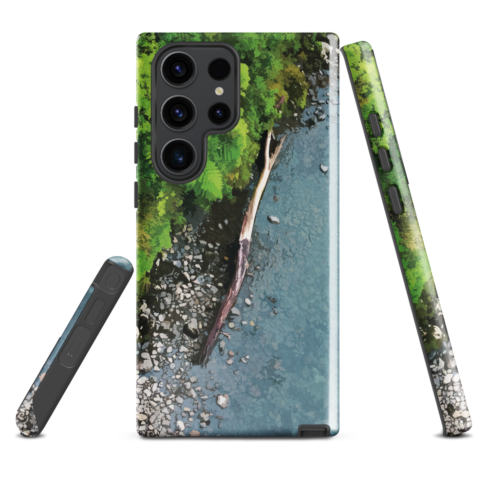 Resting Place phone case with aerial artwork of river rocks, green bush, and driftwood in a New Zealand stream.